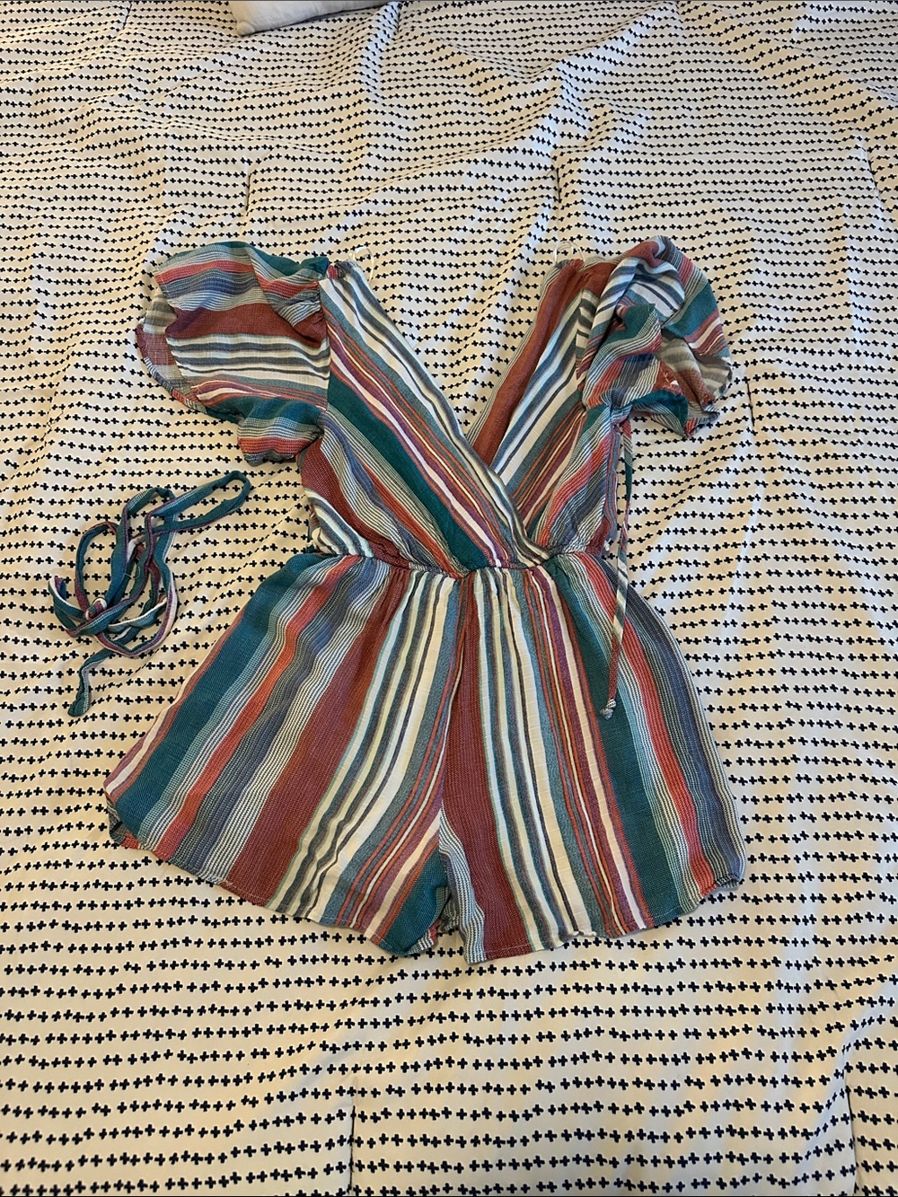 Striped V-Neck Puff Sleeve Romper in Teal, Rust & Cream